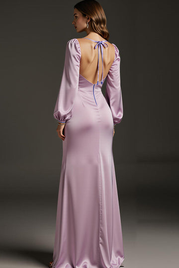 Robe formelle à manches longues en satin sirène violet clair avec fente